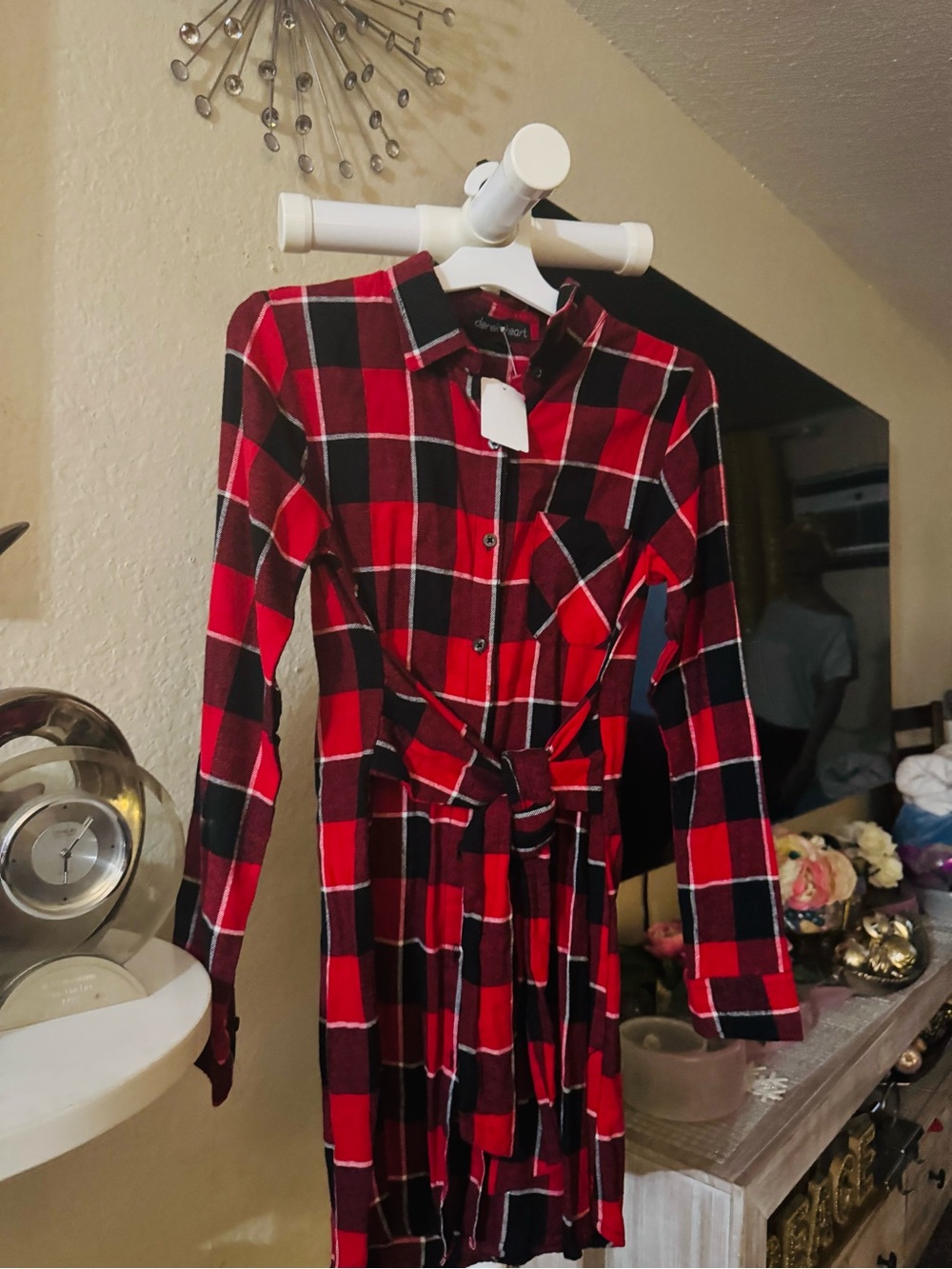 Red & Black Plaid Shirt Dress with Waist Tie